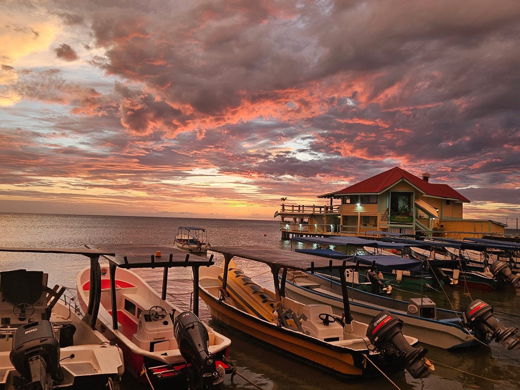 Sunset over the marina and bar